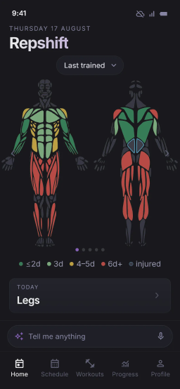 Het beginscherm van de Repshift-app met de bodymap: spieren gekleurd naar wanneer ze voor het laatst zijn getraind